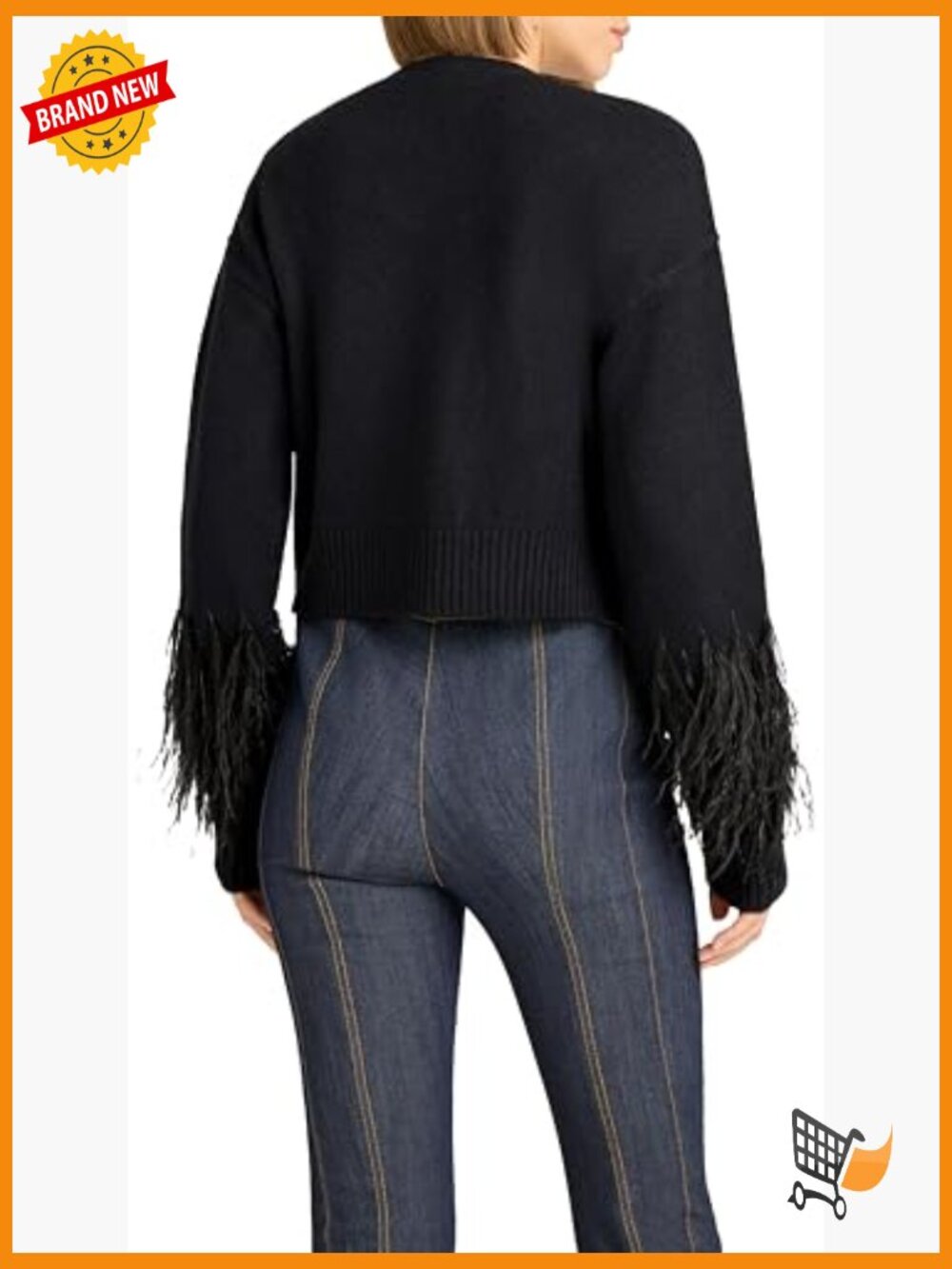 Cropped Cardigan with Feather Trim Long Sleeve Dry Clean Only - Picture 3 of 5